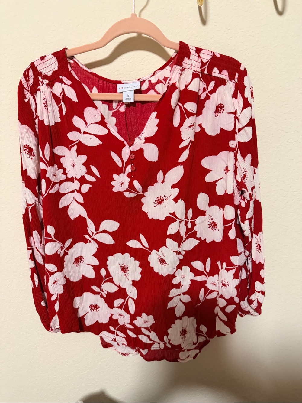 Liz Claiborne Red and White Floral Peasant Blouse